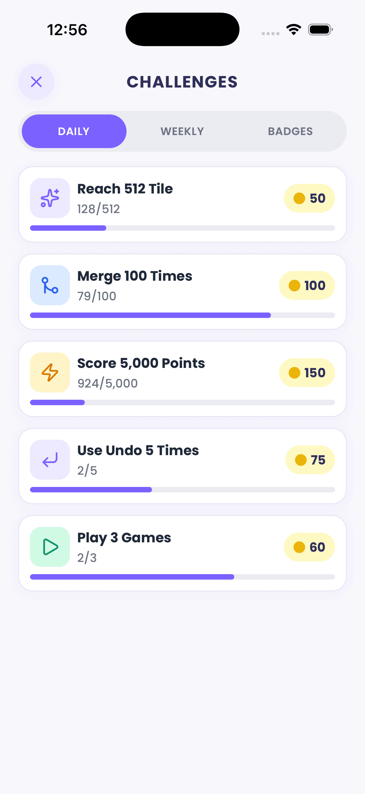 2048 Flow — Challenges screen